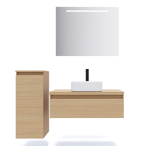 Meuble de salle de bain suspendu vasque à poser 90cm 1 tiroir Chêne clair + miroir + colonne ouverture gauche - Rivage