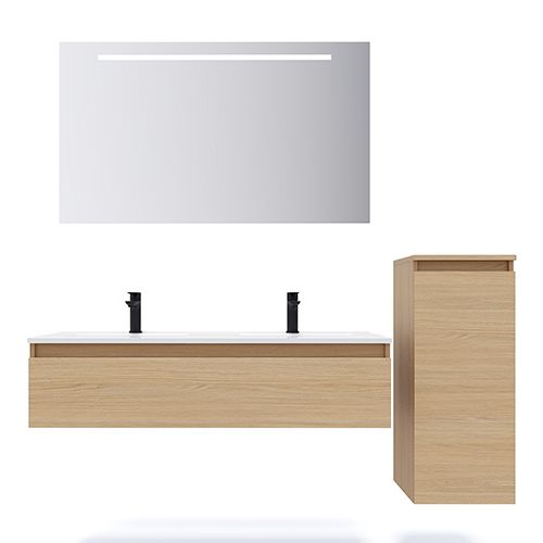 Meuble de salle de bain suspendu double vasque intégrée 120cm 1 tiroir Chêne clair + miroir + colonne ouverture droite - Rivage