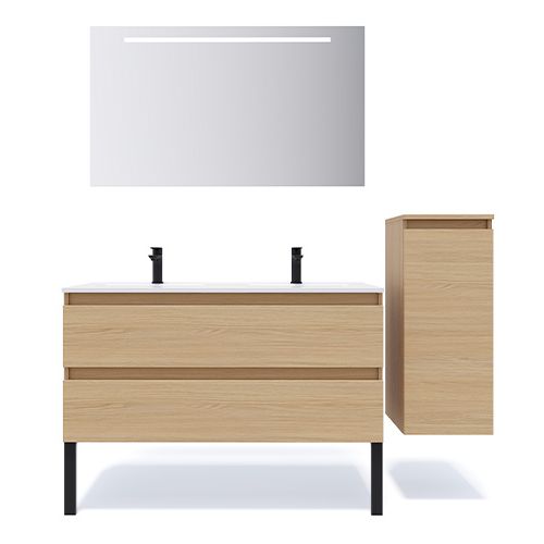 Meuble de salle de bain suspendu double vasque intégrée 120cm 2 tiroirs Chêne clair + miroir + colonne ouverture droite - Rivage