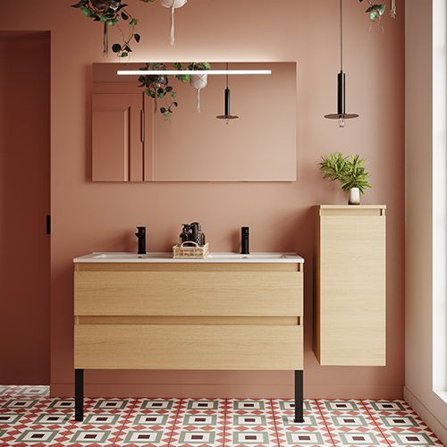 Meuble de salle de bain suspendu double vasque intégrée 120cm 2 tiroirs Chêne clair + miroir + colonne ouverture droite - Rivage