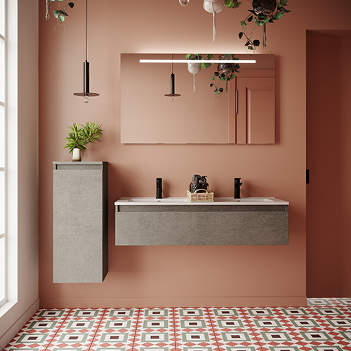 Meuble de salle de bain suspendu double vasque intégrée 120cm 1 tiroir façon Béton - Rivage