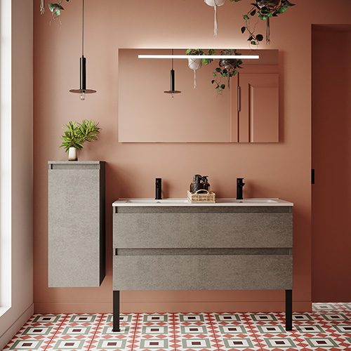 Meuble de salle de bain suspendu double vasque intégrée 120cm 2 tiroirs façon Béton + miroir + colonne ouverture gauche - Rivage