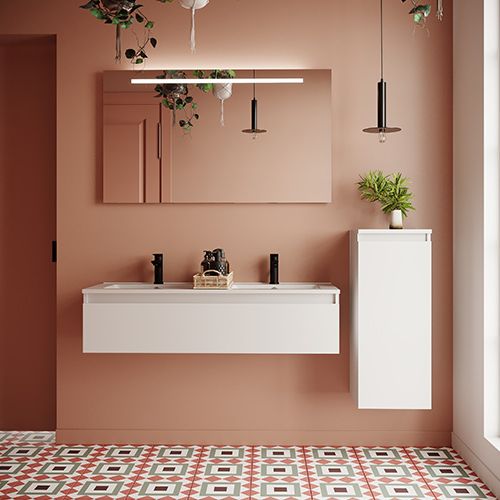 Meuble de salle de bain suspendu double vasque intégrée 120cm 1 tiroir Blanc + miroir + colonne ouverture droite - Rivage