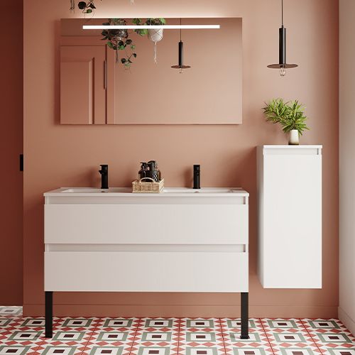 Meuble de salle de bain suspendu double vasque intégrée 120cm 2 tiroirs Blanc + miroir + colonne ouverture droite - Rivage
