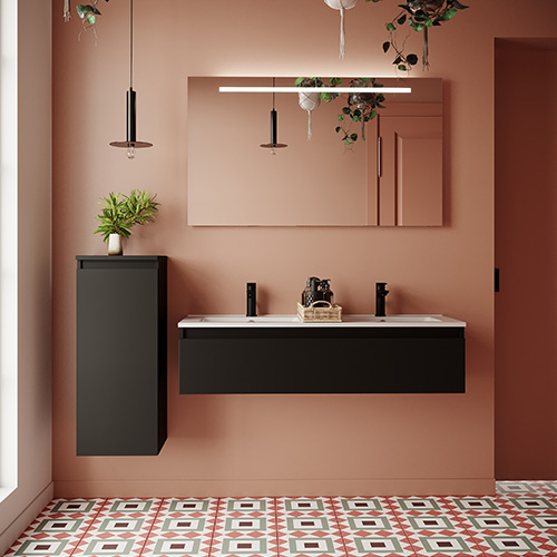 Meuble de salle de bain suspendu double vasque intégrée 120cm 1 tiroir Noir + miroir - Rivage