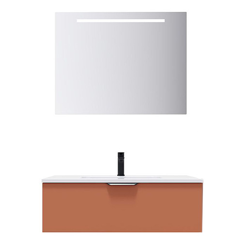 Meuble de salle de bain suspendu vasque intégrée 90cm 1 tiroir Terracotta + miroir - Soho