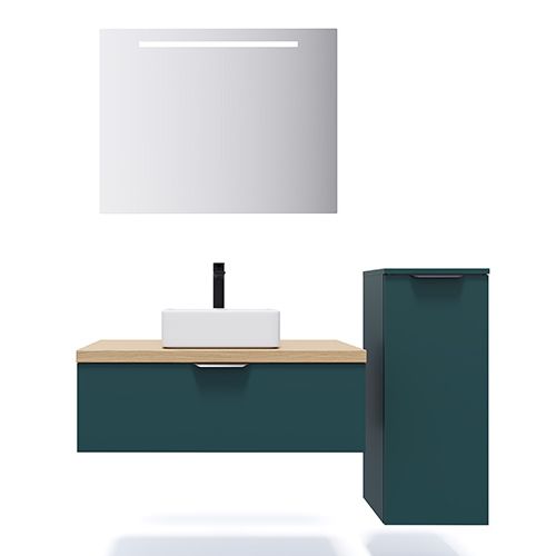 Meuble de salle de bains 90 cm Tropical - 1 tiroir - vasque carrée + miroir + demi-colonne ouverture à droite - Loft