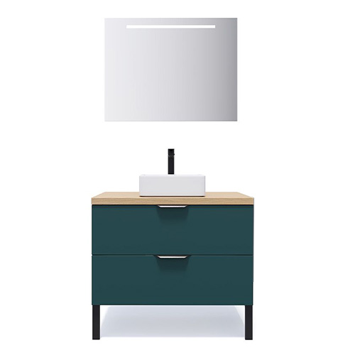 Meuble de salle de bains 90 cm Tropical - 2 tiroirs - vasque carrée + miroir - Loft