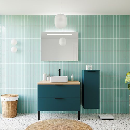 Meuble de salle de bains 90 cm Tropical - 2 tiroirs - vasque carrée + miroir + demi-colonne ouverture à droite - Loft