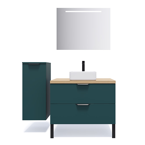 Meuble de salle de bains 90 cm Tropical - 2 tiroirs - vasque carrée + miroir + demi-colonne ouverture à gauche - Loft