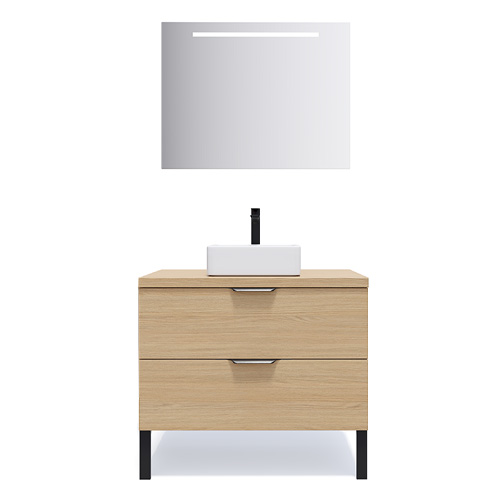 Meuble de salle de bains 90 cm Chêne clair - 2 tiroirs - vasque carrée + miroir - Loft