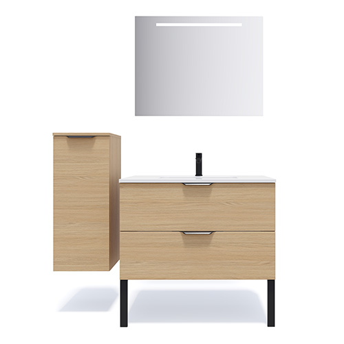 Meuble de salle de bains 90 cm Chêne clair - 2 tiroirs - simple vasque + miroir - Loft