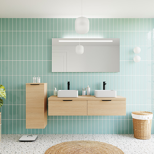 Meuble de salle de bains 140 cm Chêne clair - 2 tiroirs - 2 vasques carrées - Loft