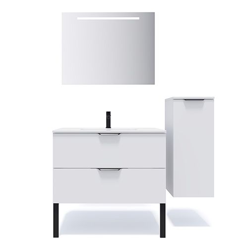 Meuble de salle de bains 90 cm Opale blanc - 2 tiroirs - simple vasque + miroir + demi-colonne ouverture à droite - Loft