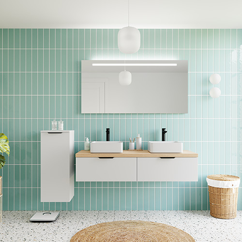 Meuble de salle de bains 140 cm Opale blanc - 2 tiroirs - 2 vasques carrées - Loft