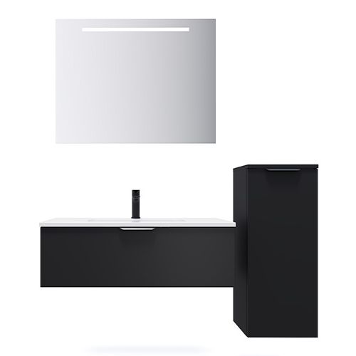 Meuble de salle de bain suspendu vasque intégrée 90cm 1 tiroir Noir + miroir + colonne ouverture droite - Loft