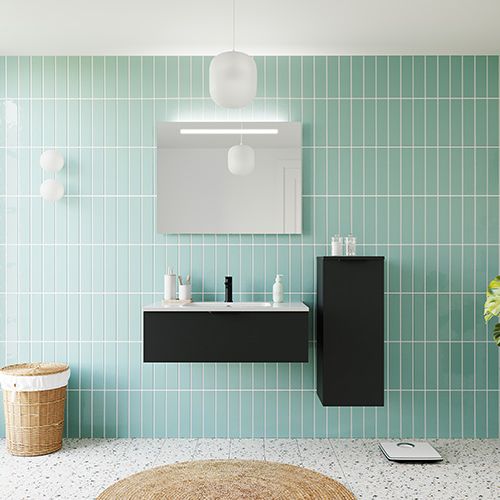 Meuble de salle de bain suspendu vasque intégrée 90cm 1 tiroir Noir + miroir + colonne ouverture droite - Loft