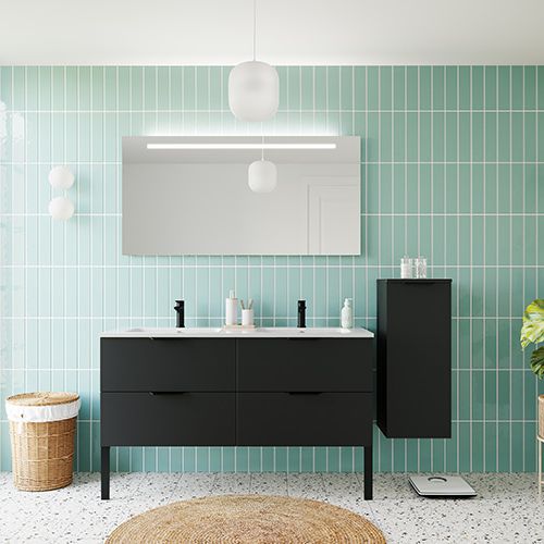 Meuble de salle de bain suspendu double vasque intégrée 140cm 4 tiroirs Noir + miroir + colonne ouverture droite - Loft