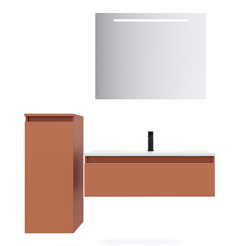 Meuble de salle de bain suspendu vasque intégrée 90cm 1 tiroir Terracotta + miroir - Rivage