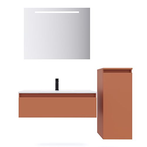 Meuble de salle de bain suspendu vasque intégrée 90cm 1 tiroir Terracotta + miroir + colonne ouverture droite - Rivage