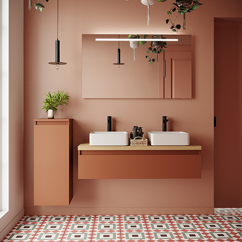 Meuble de salle de bain suspendu 2 vasques à poser 120cm 1 tiroir Terracotta + miroir + colonne ouverture gauche - Rivage