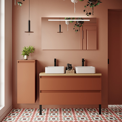 Meuble de salle de bain suspendu 2 vasques à poser 120cm 2 tiroirs Terracotta - Rivage