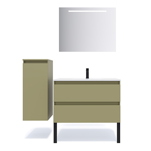 Meuble de salle de bain suspendu vasque intégrée 90cm 2 tiroirs Vert olive + miroir + colonne ouverture gauche - Rivage