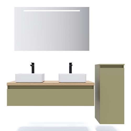 Meuble de salle de bain suspendu 2 vasques à poser 120cm 1 tiroir Vert olive + miroir + colonne ouverture droite - Rivage