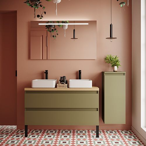 Meuble de salle de bain suspendu 2 vasques à poser 120cm 2 tiroirs Vert olive + miroir + colonne ouverture droite - Rivage