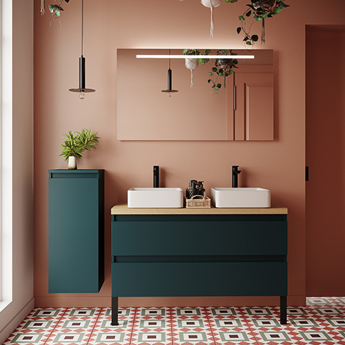 Meuble de salle de bain suspendu 2 vasques à poser 120cm 2 tiroirs Bleu + miroir - Rivage