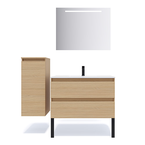 Meuble de salle de bain suspendu vasque intégrée 90cm 2 tiroirs Chêne clair + miroir + colonne ouverture gauche - Rivage