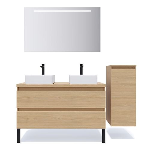 Meuble de salle de bain suspendu 2 vasques à poser 120cm 2 tiroirs Chêne clair + miroir + colonne ouverture droite - Rivage