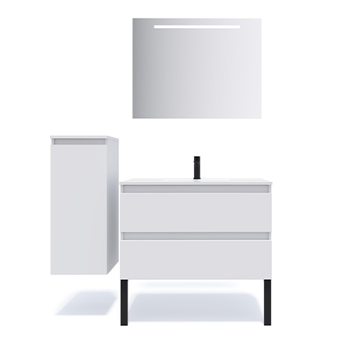 Meuble de salle de bain suspendu vasque intégrée 90cm 2 tiroirs Blanc + miroir + colonne ouverture gauche - Rivage