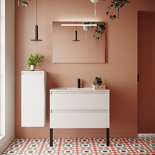 Meuble de salle de bain suspendu vasque intégrée 90cm 2 tiroirs Blanc + miroir + colonne ouverture gauche - Rivage