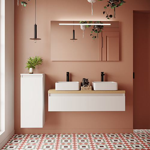 Meuble de salle de bain suspendu 2 vasques à poser 120cm 1 tiroir Blanc - Rivage