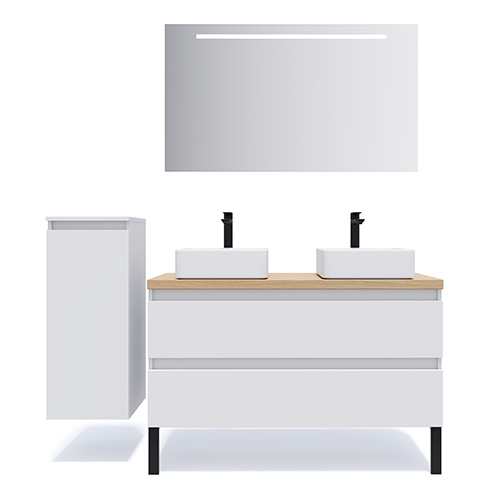 Meuble de salle de bain suspendu 2 vasques à poser 120cm 2 tiroirs Blanc + miroir + colonne ouverture gauche - Rivage