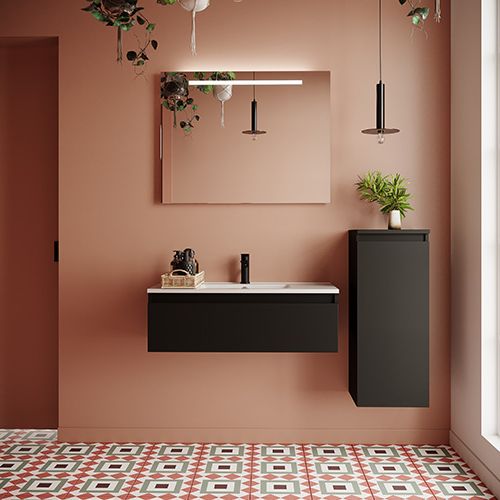 Meuble de salle de bain suspendu vasque intégrée 90cm 1 tiroir Noir + miroir + colonne ouverture droite - Rivage