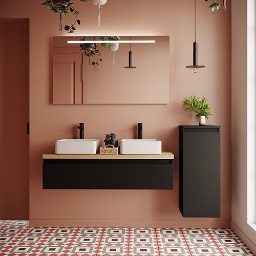 Meuble de salle de bain suspendu 2 vasques à poser 120cm 1 tiroir Noir + miroir + colonne ouverture droite - Rivage