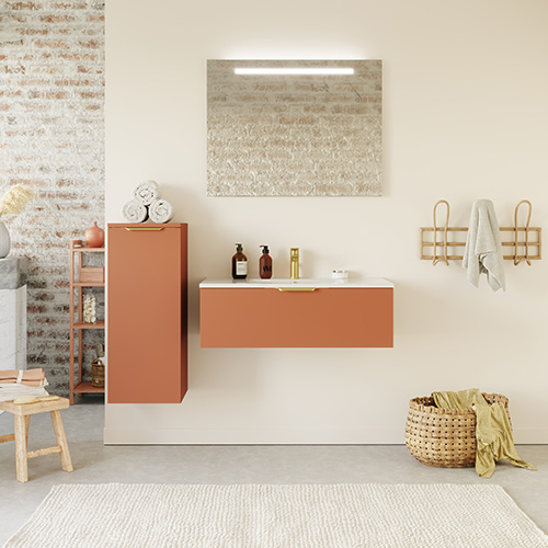 Meuble de salle de bain suspendu vasque intégrée 90cm 1 tiroir Terracotta - Swing