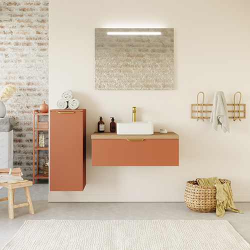 Meuble de salle de bain suspendu vasque à poser 90cm 1 tiroir Terracotta + miroir - Venice