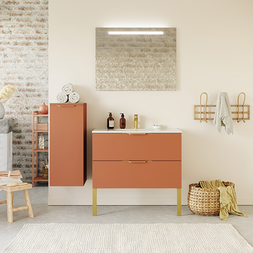 Meuble de salle de bain suspendu vasque intégrée 90cm 2 tiroirs Terracotta - Swing