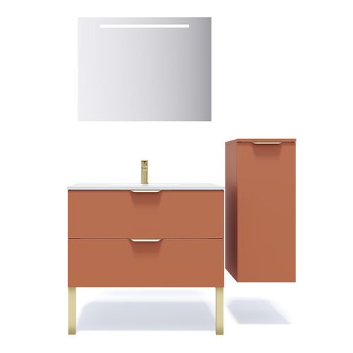 Meuble de salle de bain suspendu vasque intégrée 90cm 2 tiroirs Terracotta + miroir + colonne ouverture droite - Swing