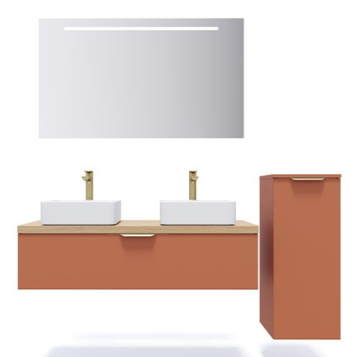 Meuble de salle de bain suspendu 2 vasques à poser 120cm 1 tiroir Terracotta + miroir + colonne ouverture droite - Swing