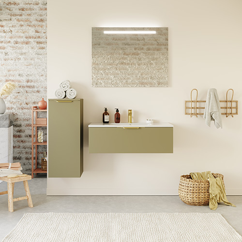 Meuble de salle de bain suspendu vasque intégrée 90cm 1 tiroir Vert olive + miroir + colonne ouverture gauche - Swing