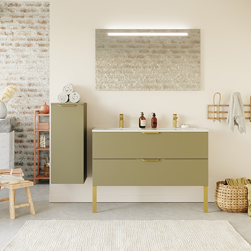 Meuble de salle de bain suspendu double vasque intégrée 120cm 2 tiroirs Vert olive + miroir - Swing