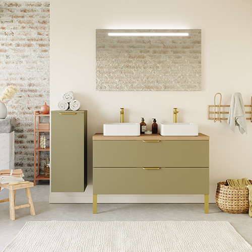 Meuble de salle de bain suspendu 2 vasques à poser 120cm 2 tiroirs Vert olive + miroir + colonne ouverture gauche - Swing