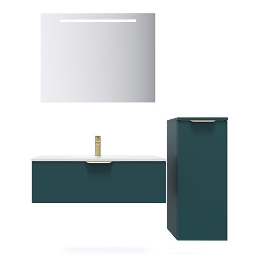 Meuble de salle de bain suspendu vasque intégrée 90cm 1 tiroir Bleu + miroir + colonne ouverture droite - Swing