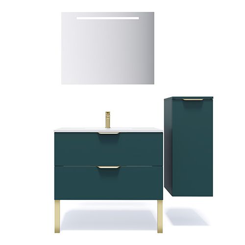 Meuble de salle de bain suspendu vasque intégrée 90cm 2 tiroirs Bleu + miroir + colonne ouverture droite - Swing