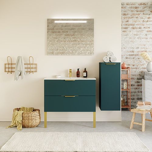 Meuble de salle de bain suspendu vasque intégrée 90cm 2 tiroirs Bleu + miroir + colonne ouverture droite - Swing