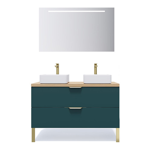 Meuble de salle de bain suspendu 2 vasques à poser 120cm 2 tiroirs Bleu + miroir - Swing